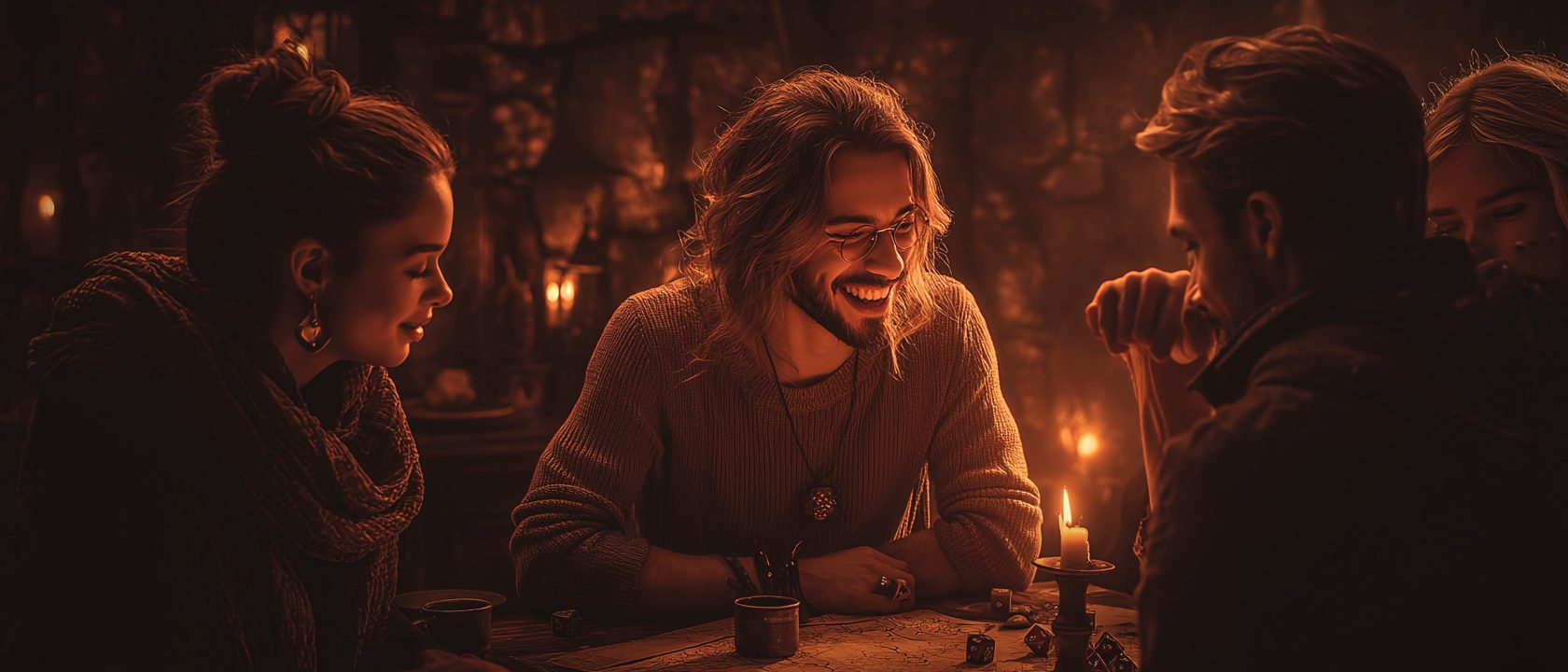 Four friends around a candlelit table, deep in a story