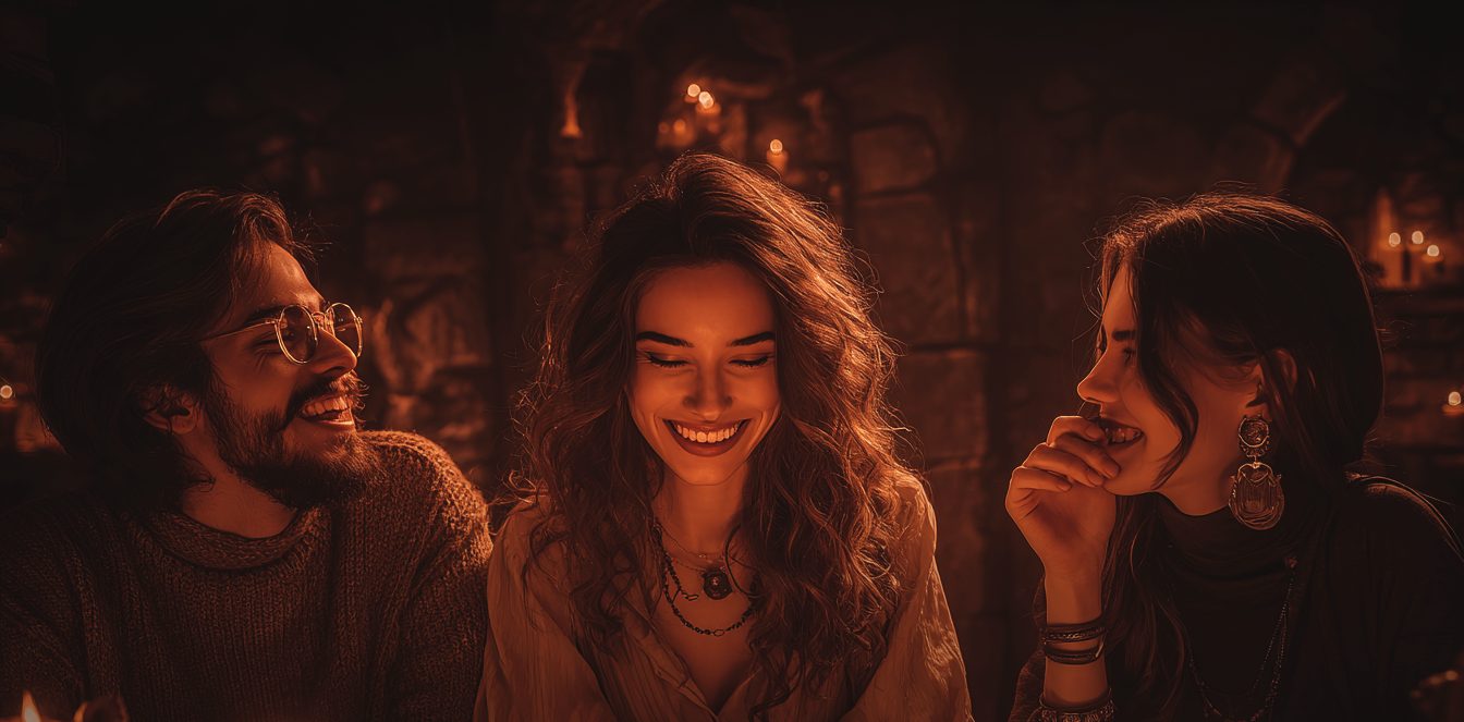 Three friends laughing around a candlelit table